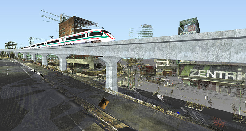 Point cloud and 3d model of a railway bridge with a train